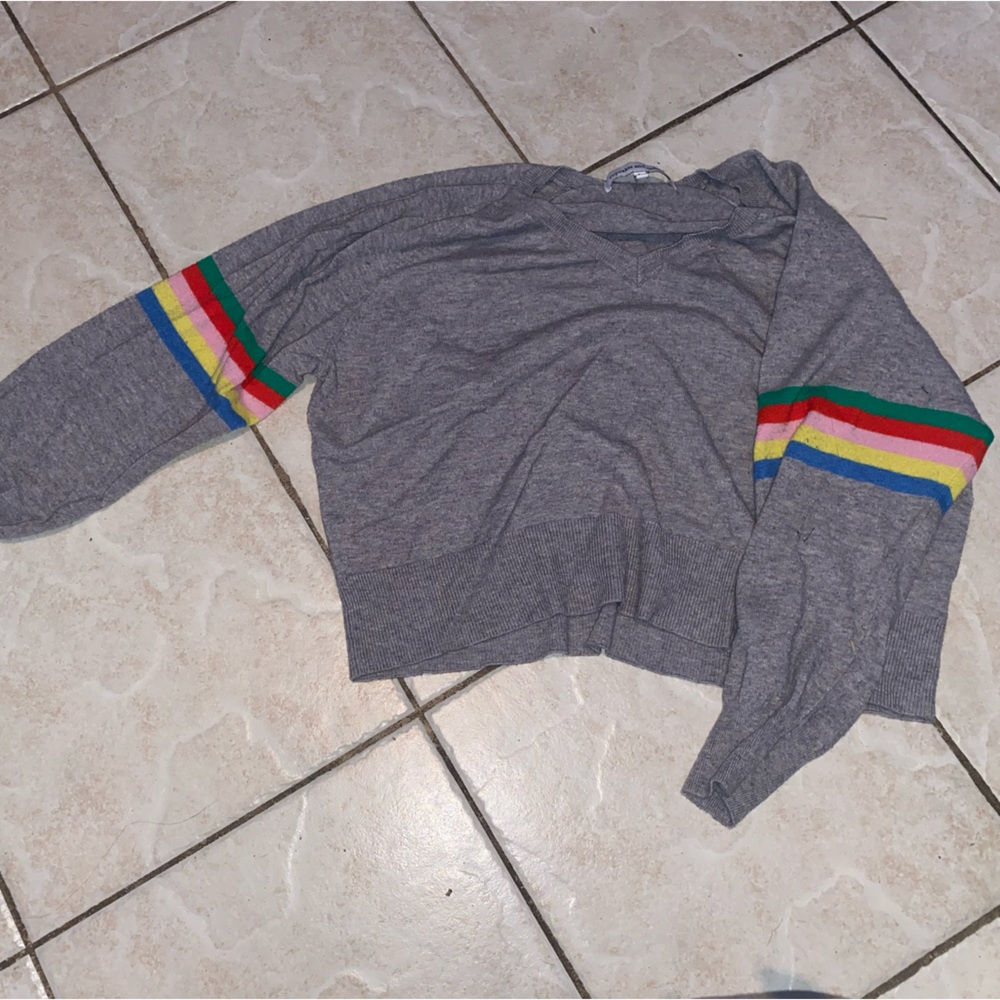 grey, rainbow stripes sweater